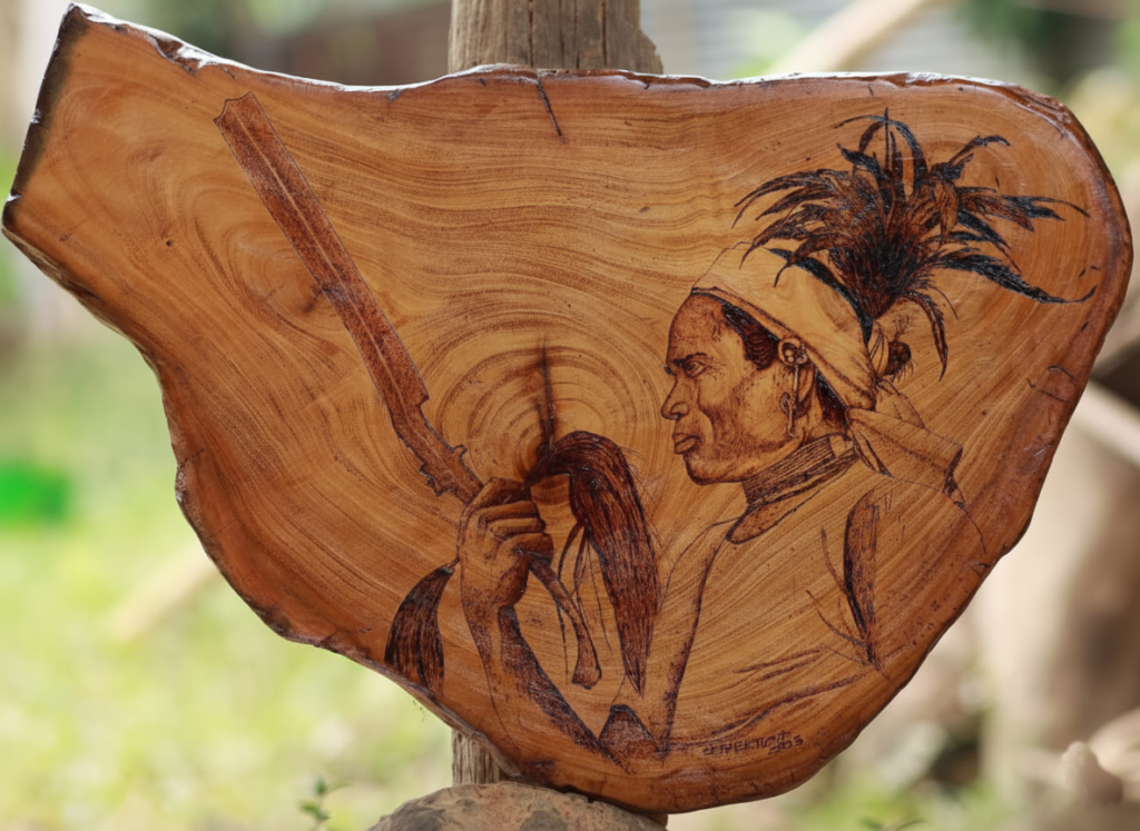 Garo Warrior with Mil·am wood burning artwork handcrafted in Garo Hills India