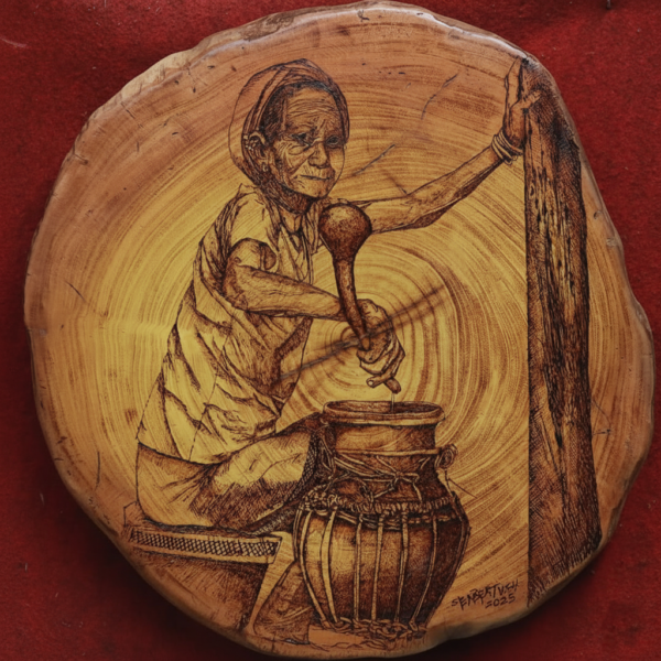 Wood Burning Artwork – Traditional Garo Woman Preparing Rice Beer