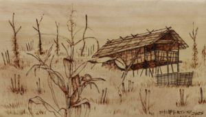 Wood Burning Wall Art – Traditional Jhum Farming Shelter (Garo Hills, India)