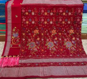 Dakmanda – Cherry Red Allover Flower Bouquet Design | Handwoven Traditional Wraparound with Chuni