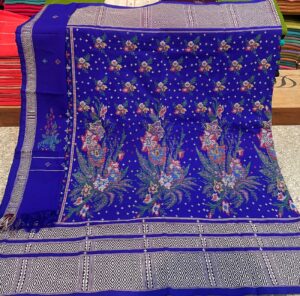 Dakmanda – Cobalt Blue2 Allover Flower Bouquet Design | Handwoven Traditional Wraparound with Chuni